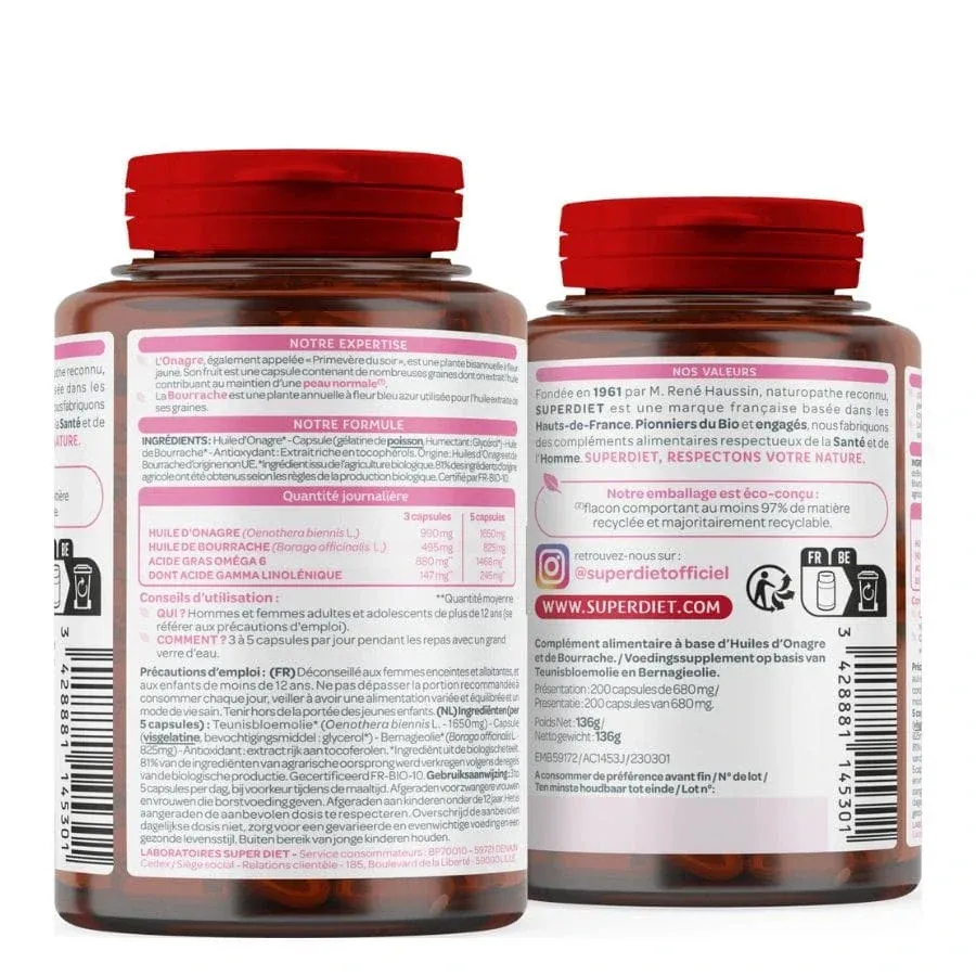 Huiles onagre & bourrache (beauté de la peau) - 200 capsules - Superdiet – Image 2
